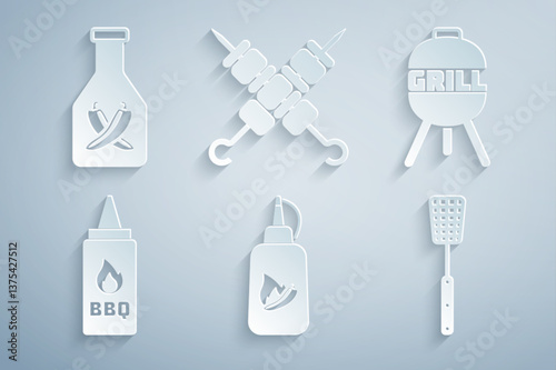 Set Ketchup bottle, Barbecue grill, spatula, Grilled shish kebab and icon. Vector