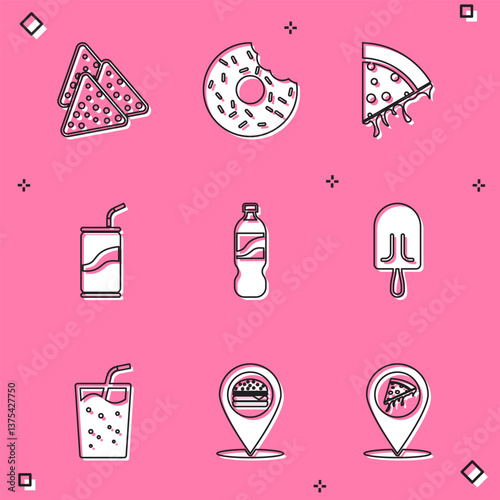 Set Nachos, Donut, Slice of pizza, Soda can with drinking straw, Bottle water, Ice cream, Glass and Location burger icon. Vector