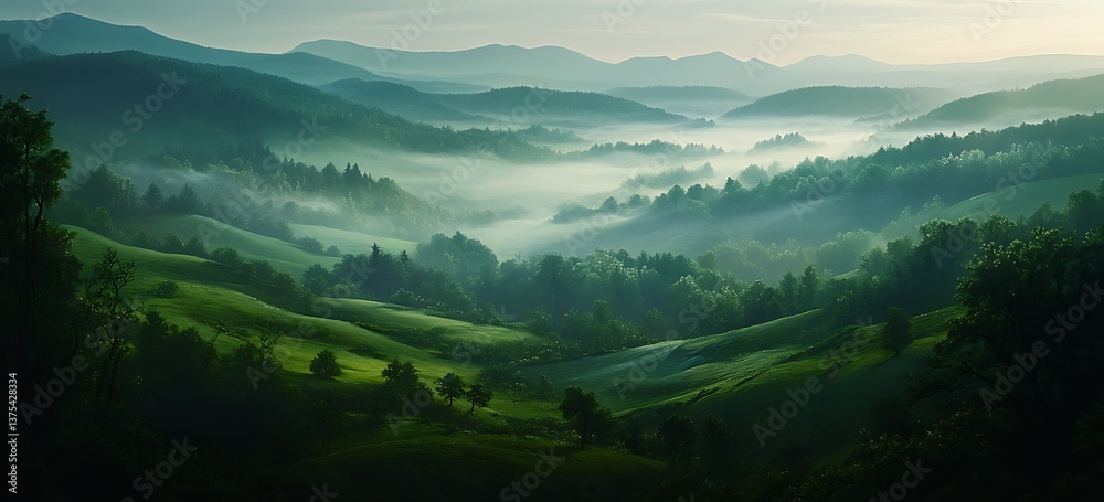 Obraz premium Beautiful summer landscape of green mountains and foggy valley at sunrise