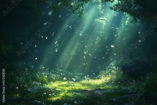 Sunlight streams, forest glade