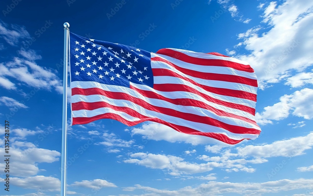 Fototapeta premium American Flag Waving Against Blue Sky with Clouds suitable for digital content