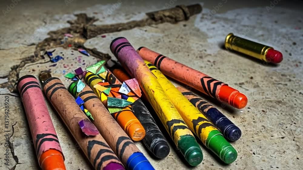 Colorful wax crayons scattered on a textured artistic surface
