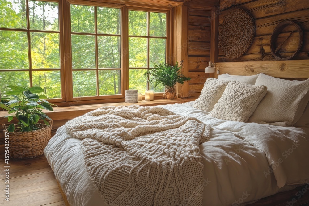 Fototapeta premium Cozy log cabin bedroom with chunky knit blanket and warm rustic decor