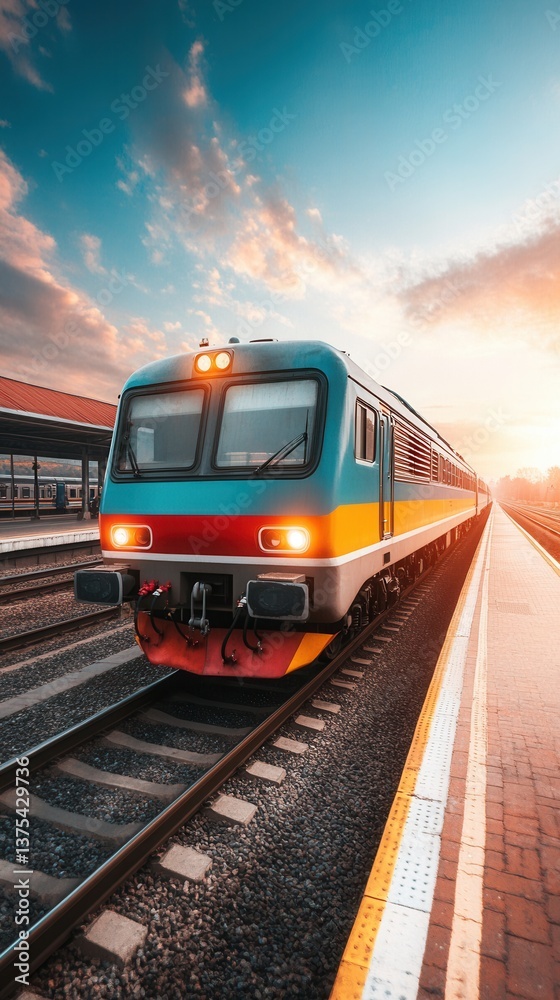 Naklejka premium A high-speed cargo train rapidly departs the station at sunset, its vibrant colors contrasting against the dramatic sky and the railway tracks stretching into the distance.