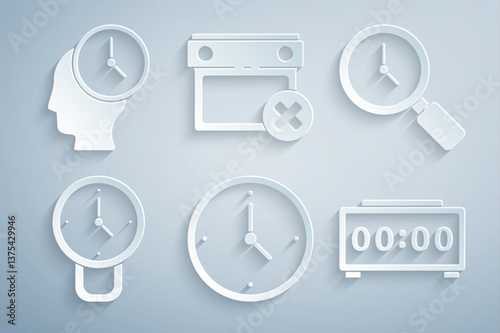 Set Clock, Magnifying glass with clock, Digital alarm, Calendar date delete and Time Management icon. Vector
