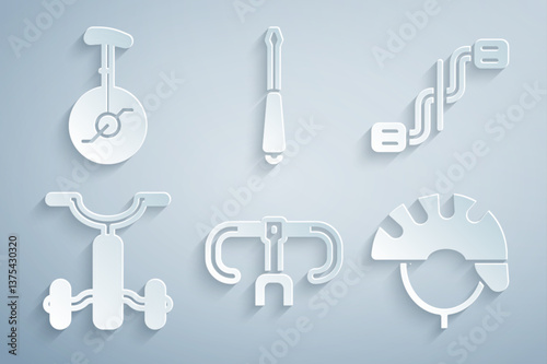 Set Bicycle handlebar, pedals, for kids, helmet, Screwdriver and Unicycle one wheel bicycle icon. Vector