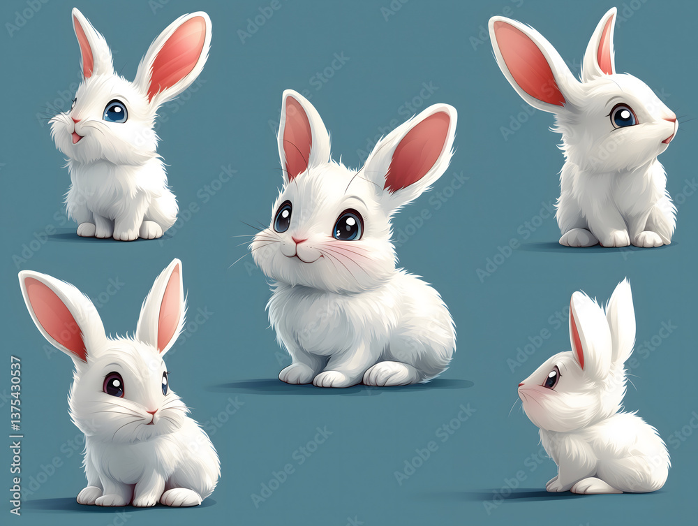 Fototapeta premium Cute Cartoon White Rabbits with Big Eyes