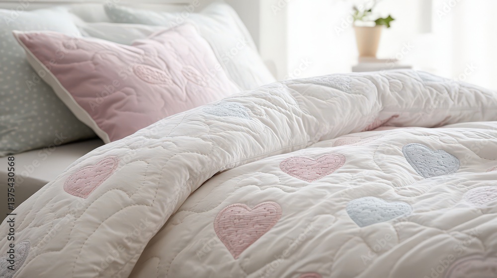 A bed decorated with soft bedding and heart shaped designs