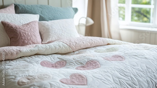A beautifully made bed with heart shaped details and pillows