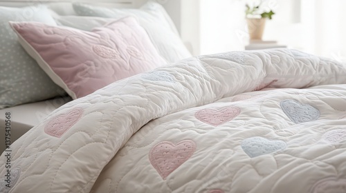 Obraz na płótnie A bed decorated with soft bedding and heart shaped designs w salonie