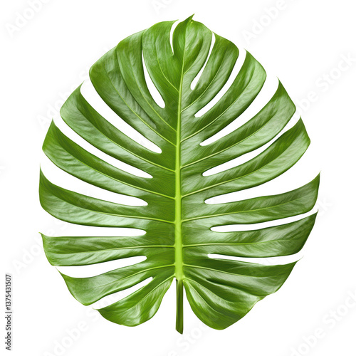 A large, vibrant green monstera leaf featuring distinctive splits and deep veins, showcasing its tropical allure and natural beauty.