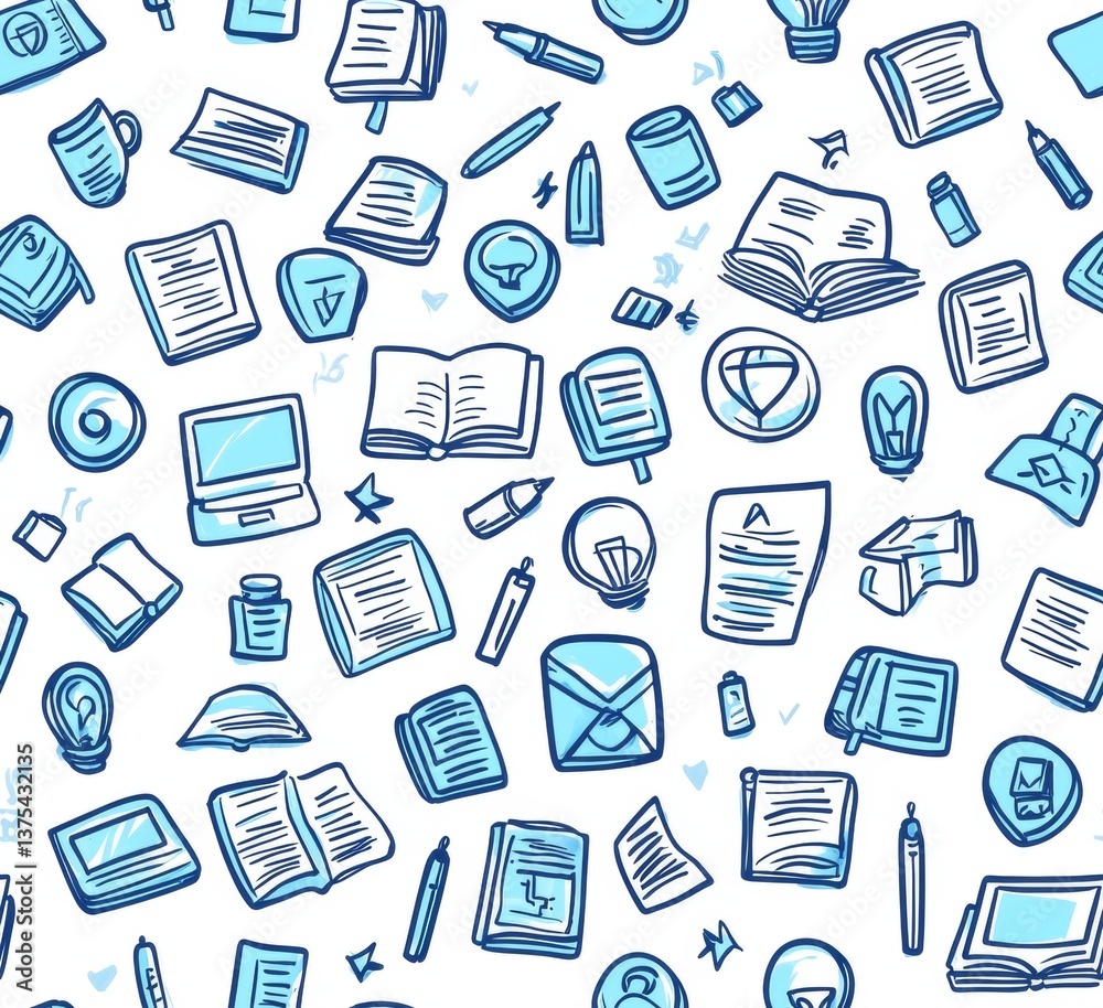 A pattern of books and other items such as a laptop, a bottle, and a cup A pattern of books and other items such as a laptop, a bottle, and a cup