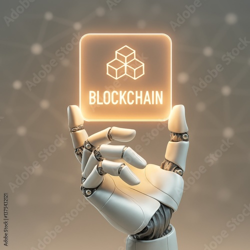 Robotic hand holds glowing blockchain ledger, symbolizing secure digital financial transactions. Secure transactions powered by robotic intelligence and encrypted blockchain systems.
