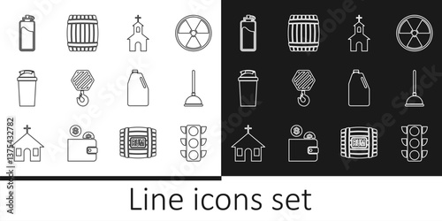 Set line Traffic light, Rubber plunger, Church building, Industrial hook, Fitness shaker, Sport bottle with water, Household chemicals and Wooden barrel icon. Vector