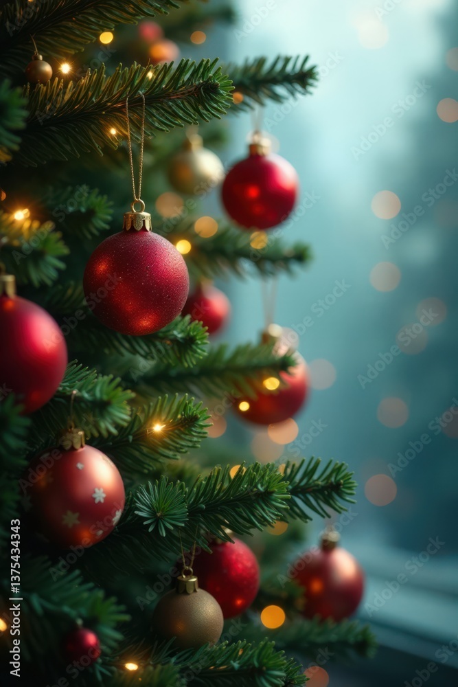 Decorated Christmas tree with ornaments hanging from branches, Ornaments, Holiday Decorated Christmas tree with ornaments hanging from branches, Ornaments, Holiday