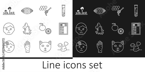 Set line Dust, Clinical record, Honeycomb with honey dipper, Runny nose, Inflammation face, Mold, Orange fruit and Reddish eye allergic conjunctivitis icon. Vector