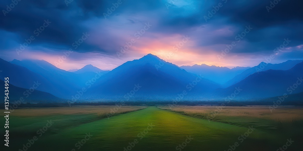 Obraz premium Sunlit green valley and winding road beneath blue mountain silhouettes. Wide panoramic landscape under dramatic clouds at sunset. Calm resilience and forward momentum. Ideal for travel ads