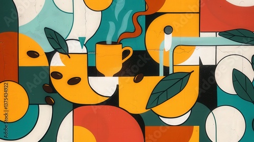 Abstract Coffee Mural Art, Colorful geometric coffee illustration