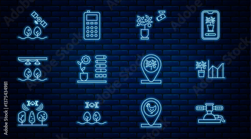 Set line Automatic irrigation sprinklers, Flower statistics, Smart farming technology, status, with bulb and plant, drone, Location tree and Remote control icon. Vector