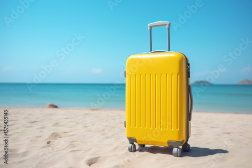 Yellow suitcase on sandy beach