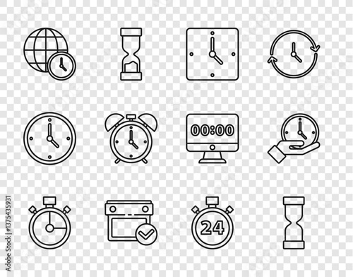Set line Stopwatch, Old hourglass, Clock, Calendar with check mark, World time, Alarm clock, 24 hours and icon. Vector