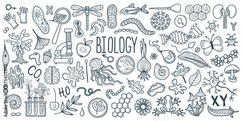 Hand drawn line art biology doodle set. Collection science concept vector illustration.