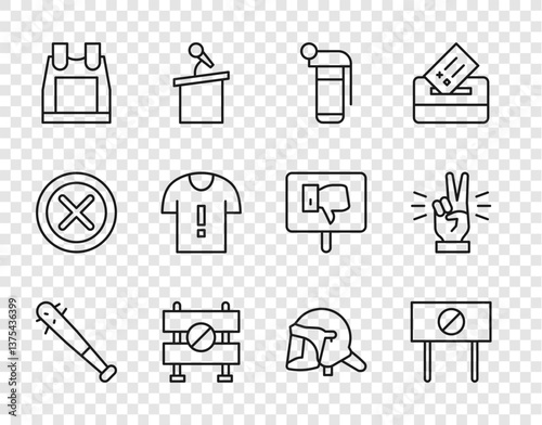 Set line Baseball bat with nails, Protest, Hand grenade, Road barrier, Bulletproof vest, T-shirt protest, Police helmet and showing two finger icon. Vector