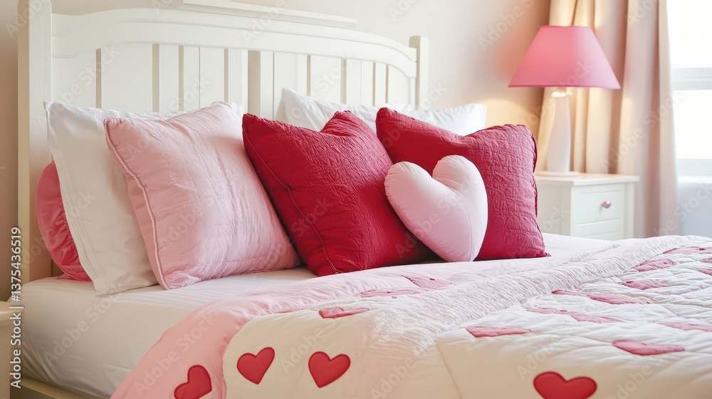 A Cozy Bed Decorated with Pink and Red Heart Shaped Elements