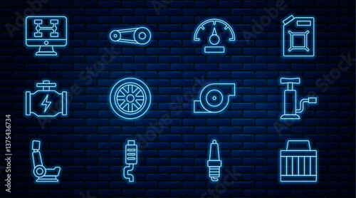 Set line Car air filter, pump, Speedometer, wheel, Check engine, Diagnostics condition of car, Automotive turbocharger and Timing belt kit icon. Vector