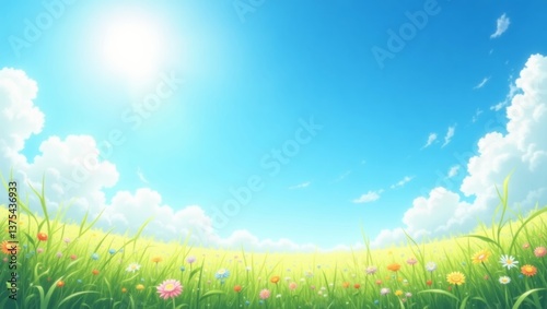 Sunny meadow with flowers blooming under blue sky and white clouds
