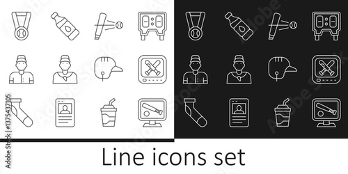 Set line Monitor with baseball game, Baseball bat, coach, player, Medal, helmet and Bottle of water icon. Vector