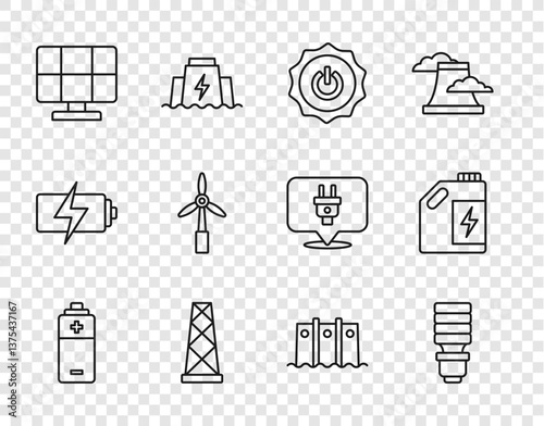 Set line Battery, LED light bulb, Power button, Antenna, Solar energy panel, Wind turbine, Hydroelectric dam and Eco fuel canister icon. Vector