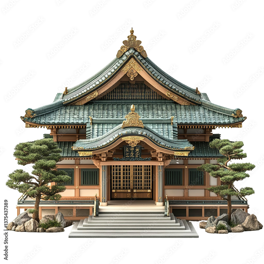 3D front view illustration of a Yasukuni Shrine Japan monument isolated on a white transparent background 3D front view illustration of a Yasukuni Shrine Japan monument isolated on a white transparent background