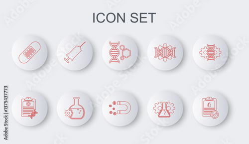Set line Clipboard with blood test, DNA analysis, Genetic engineering, Bioengineering, Bandage plaster, Syringe, and Magnet money icon. Vector