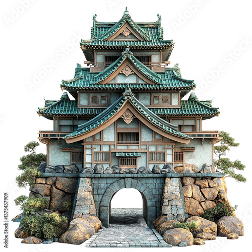 3D front view illustration of a Edo Castle Japan monument isolated on a white transparent background