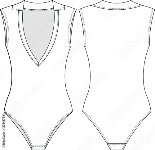 collared v neck sleeveless fit bodycon sport bodysuit activewear sportswear template technical drawing flat sketch cad mockup fashion woman design style model 
