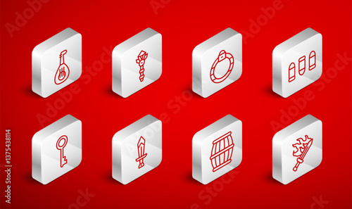 Set line Sword for game, Magic wand, stone ring, Bullet, Gun powder barrel, Lute, and Old key icon. Vector