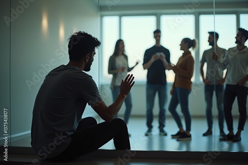 A person sits alone on one side of a glass wall, their hand pressed against it. On the other side, a group of friends is laughing and talking