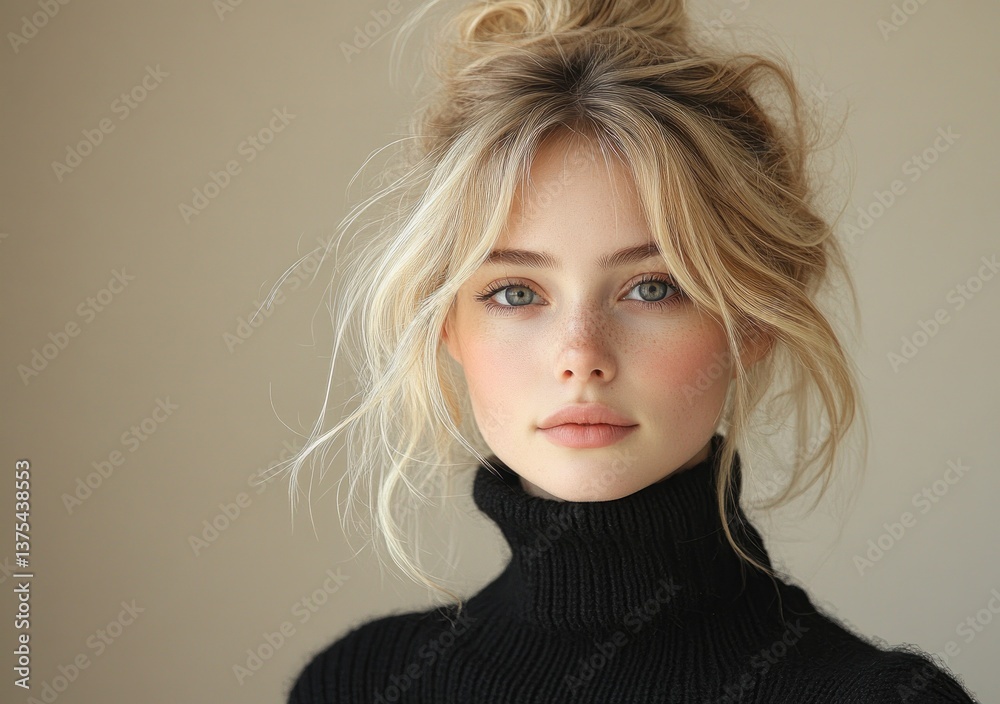 Blonde woman in black knitted sweater with jewellery against neutral background Blonde woman in black knitted sweater with jewellery against neutral background