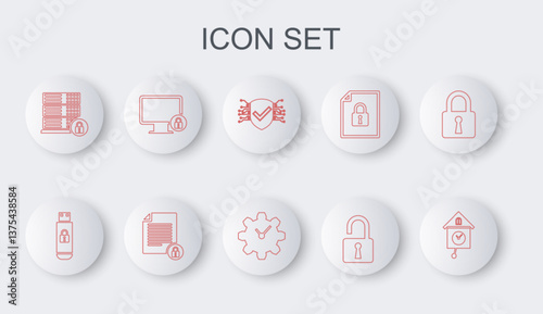 Set line Retro wall watch, USB flash drive with lock, Cyber security, Open padlock, Server, Lock on monitor, Document and and Time Management icon. Vector