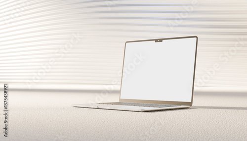 3D render of a cream-colored laptop with a blank screen on a carpeted surface