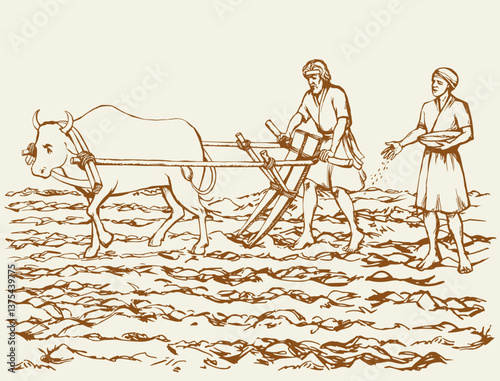 Vector drawing. Old wooden plow