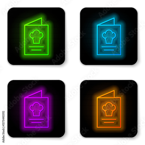 Glowing neon line Cookbook icon isolated on white background. Cooking book icon. Recipe book. Fork and knife icons. Cutlery symbol. Black square button. Vector