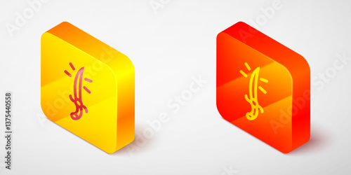 Isometric line Arabian saber icon isolated on grey background. Yellow and orange square button. Vector