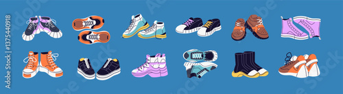 Set of different types of sneakers. Various fashion trainers for walking, running. Stylish boots, sports shoes, unisex footwear, cool footgear, modern sportswear. Flat isolated vector illustrations