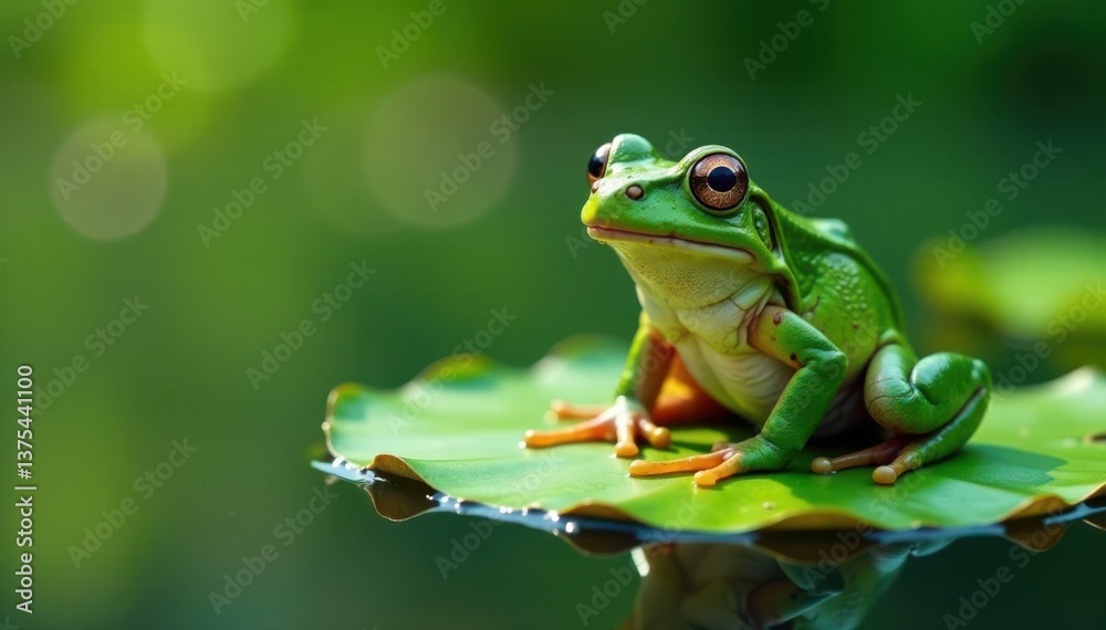 Naklejka premium Frog sitting on a lily pad, water, greenery