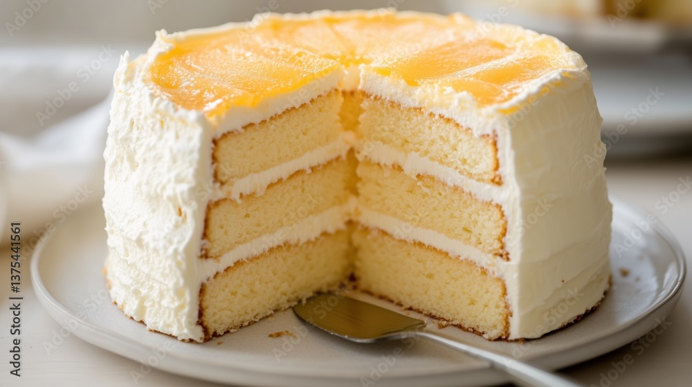 Delicious layered cake with orange topping and creamy frosting displayed on a white plate with a silver spoon nearby