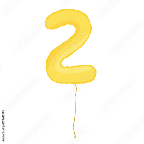 Yellow inflatable foil balloon icon. Party decoration figure. Glossy golden 2 two number isolated on white background. Vector