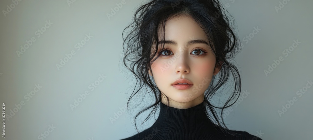 Closeup portrait of beautiful Asian woman with fair skin healthy glow and delicate smile in soft light with clean background Closeup portrait of beautiful Asian woman with fair skin healthy glow and delicate smile in soft light with clean background