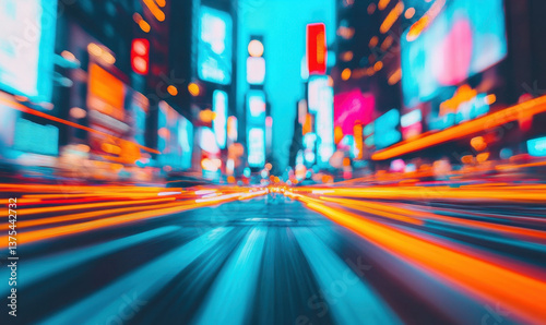 A bustling city street is frozen in time, with blurred lights and motion